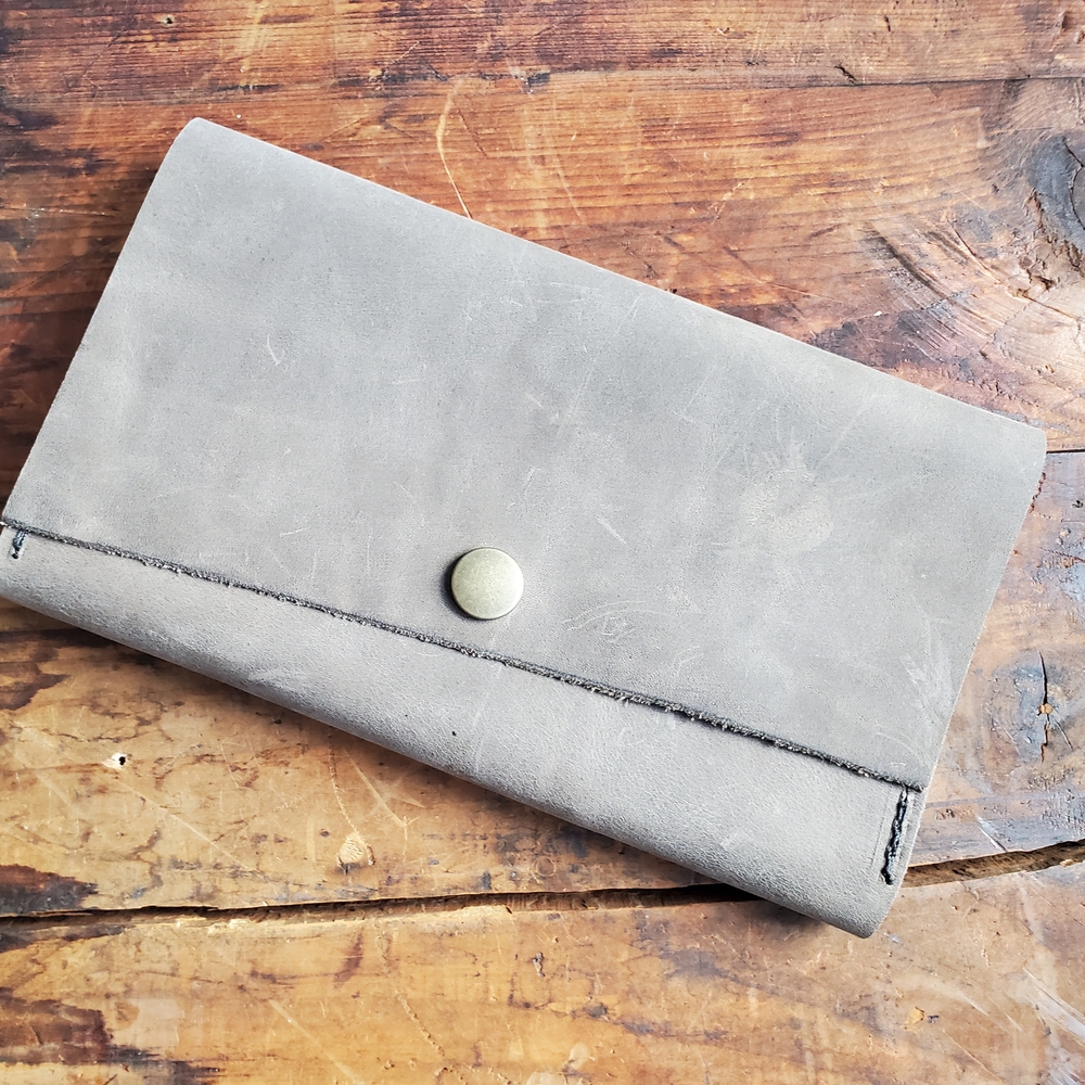 Gray Leather Wallet with Button Closure